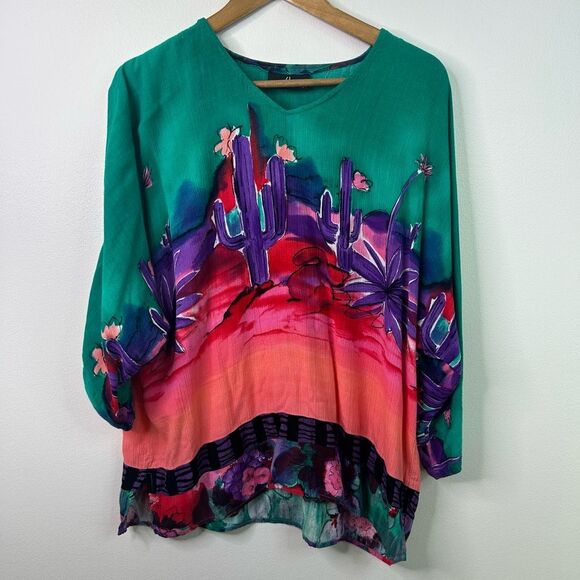 Carole Little Boho Southwestern Cactus Print Top Size L V-Neck‎ Oversized Artsy - Picture 1 of 12